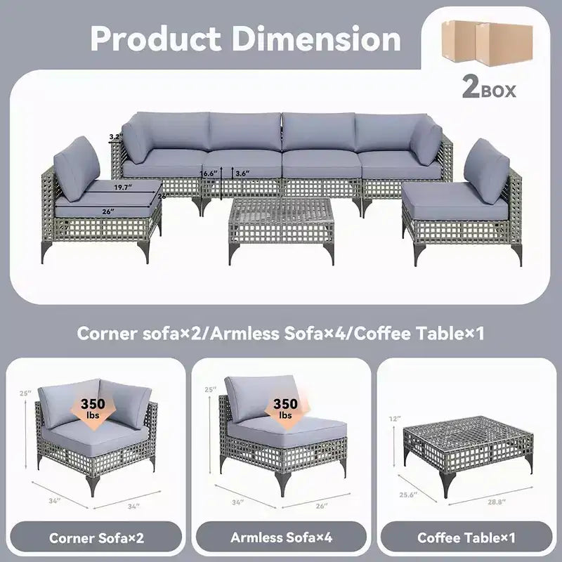 Mondawe 7-teiliges Gartenmöbel-Set aus Vintage-Grau-Rattan mit Kissen und Couchtisch
