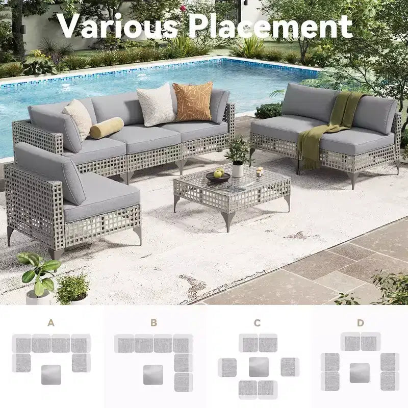 Mondawe 7-teiliges Gartenmöbel-Set aus Vintage-Grau-Rattan mit Kissen und Couchtisch