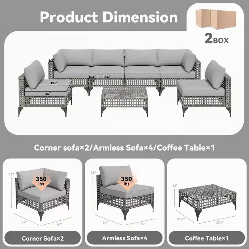 Mondawe 7-teiliges Gartenmöbel-Set aus Vintage-Grau-Rattan mit Kissen und Couchtisch