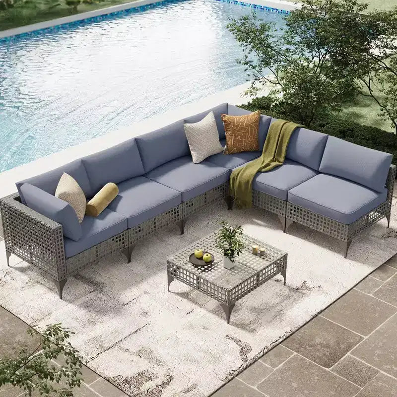 Mondawe 7-teiliges Gartenmöbel-Set aus Vintage-Grau-Rattan mit Kissen und Couchtisch