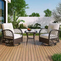 A three-piece outdoor table and chair set, featuring two-seater rattan seating, a rocking chair, and a square table. Suitable Brown