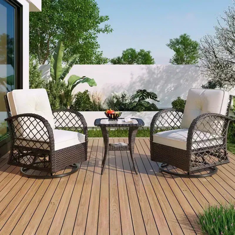 A three-piece outdoor table and chair set, featuring two-seater rattan seating, a rocking chair, and a square table. Suitable Brown