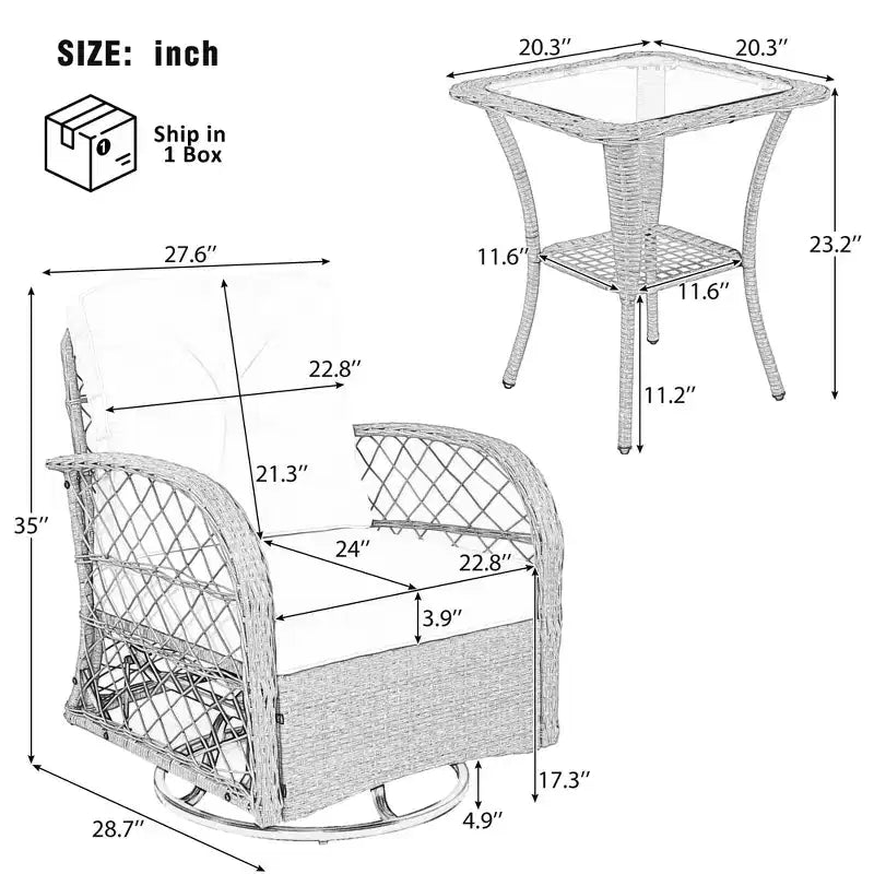 Ein dreiteiliges Outdoor-Tisch-und-Stuhl-Set mit einem Zweisitzer-Rattansofa, einem Schaukelstuhl und einem quadratischen Tisch. Geeignet für Braun