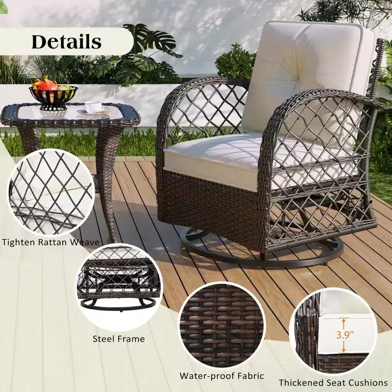 Ein dreiteiliges Outdoor-Tisch-und-Stuhl-Set mit einem Zweisitzer-Rattansofa, einem Schaukelstuhl und einem quadratischen Tisch. Geeignet für Braun