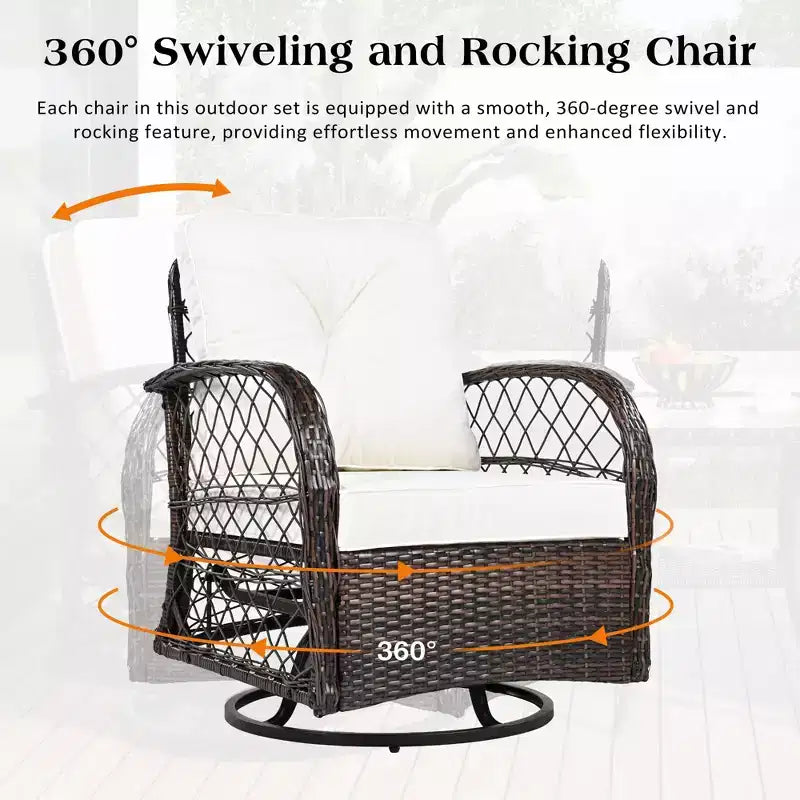 Ein dreiteiliges Outdoor-Tisch-und-Stuhl-Set mit einem Zweisitzer-Rattansofa, einem Schaukelstuhl und einem quadratischen Tisch. Geeignet für Braun