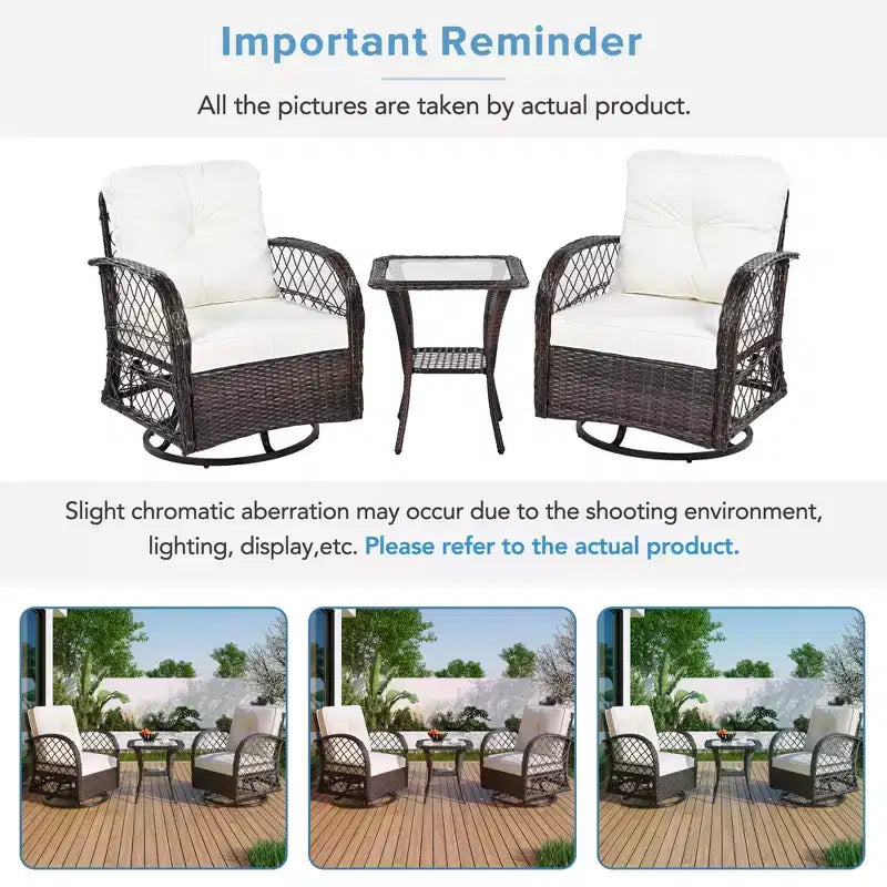 Ein dreiteiliges Outdoor-Tisch-und-Stuhl-Set mit einem Zweisitzer-Rattansofa, einem Schaukelstuhl und einem quadratischen Tisch. Geeignet für Braun