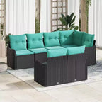 vidaXL Garten-Sofa-Set mit Kissen 7-teilig Polyrattan Schwarz - Schwarz und Türkis
