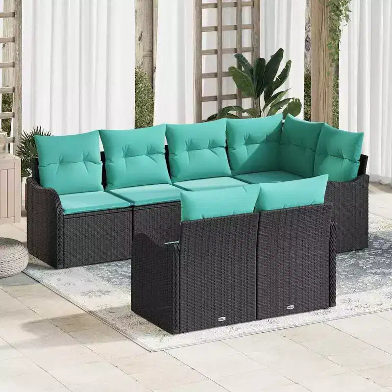 vidaXL Garten-Sofa-Set mit Kissen 7-teilig Polyrattan Schwarz - Schwarz und Türkis