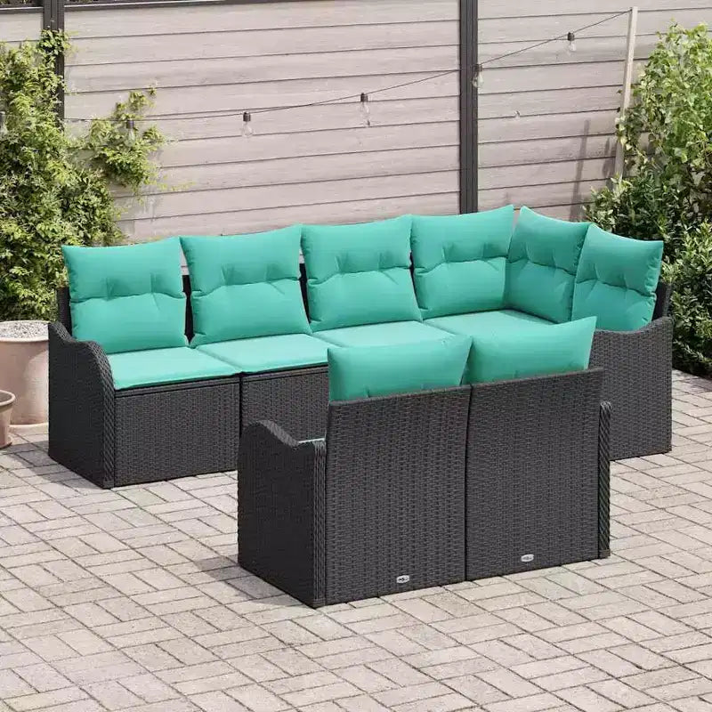 vidaXL Garten-Sofa-Set mit Kissen 7-teilig Polyrattan Schwarz - Schwarz und Türkis