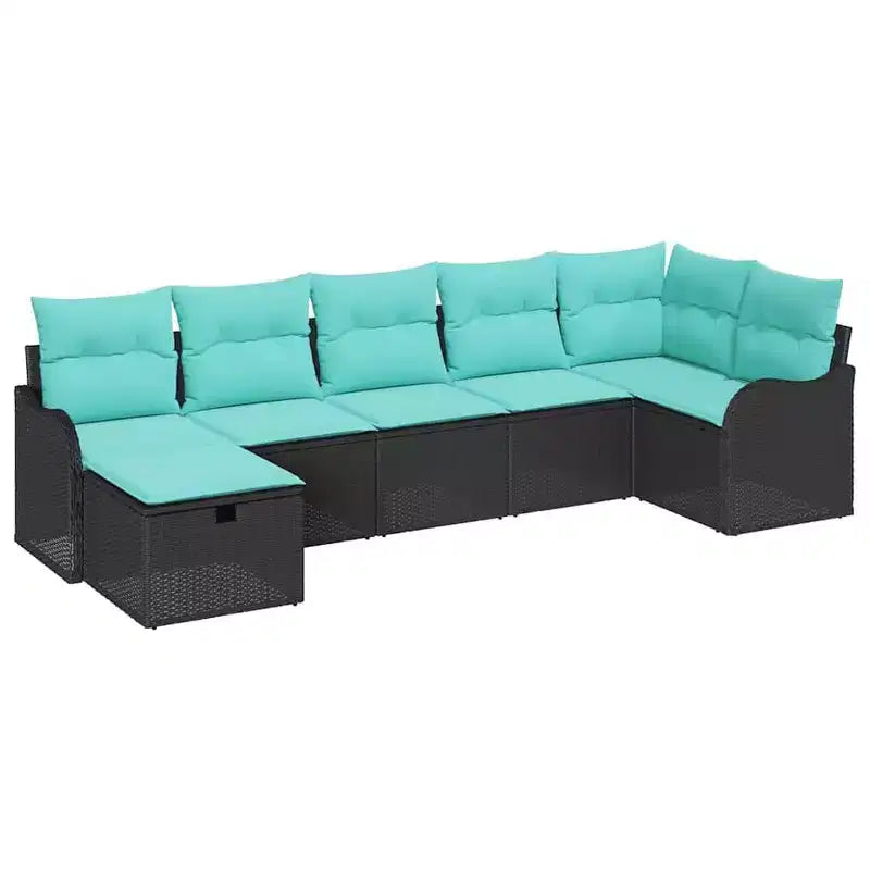 vidaXL Garden Sofa Set with Cushion 7 pcs Black Poly Rattan - Black without table Blue