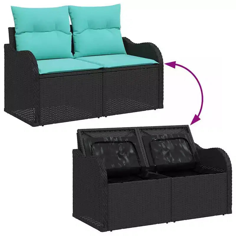 vidaXL Garten-Sitzgruppe mit Kissen 7-teilig Schwarz Polyrattan - Schwarz ohne Tisch Blau