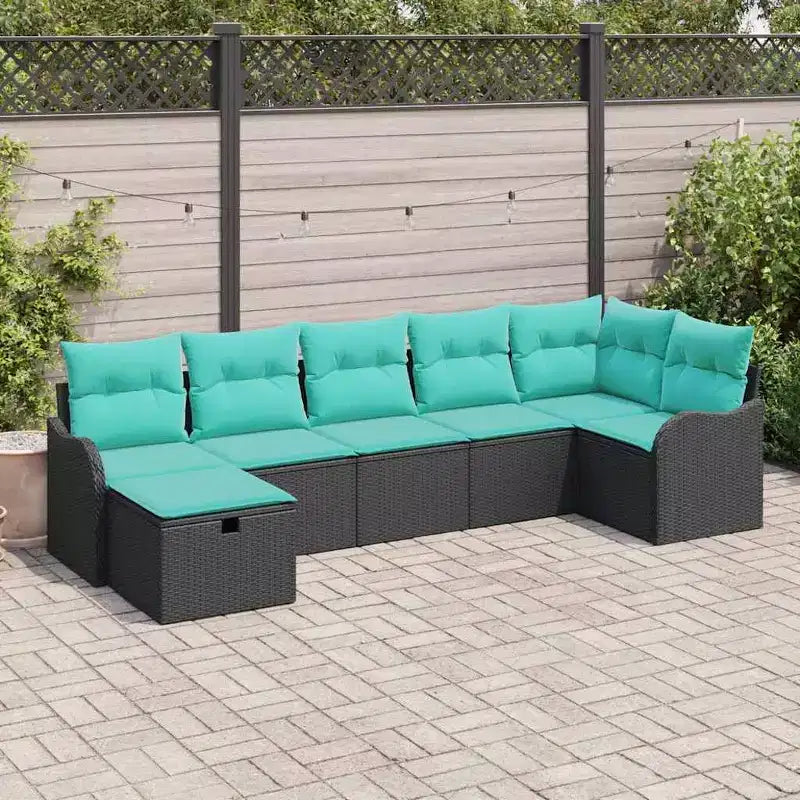 vidaXL Garten-Sitzgruppe mit Kissen 7-teilig Schwarz Polyrattan - Schwarz ohne Tisch Blau
