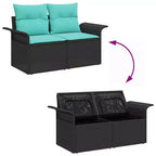 vidaXL Garten Sofagarnitur mit Kissen 10-tlg. Schwarz Polyrattan - Schwarz und Türkis ohne Tisch