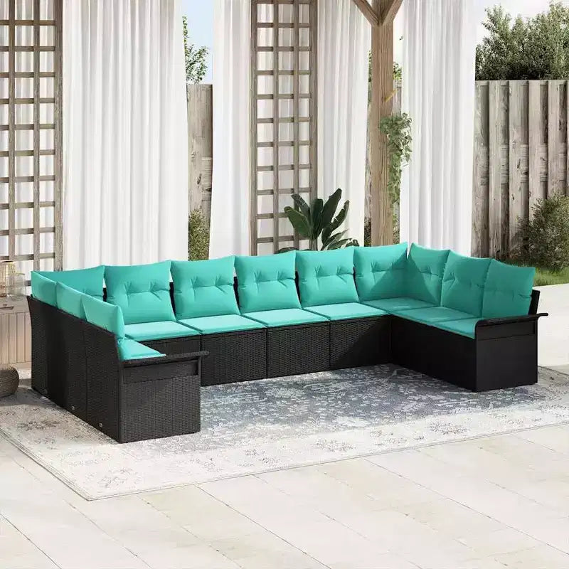 vidaXL Garten Sofagarnitur mit Kissen 10-tlg. Schwarz Polyrattan - Schwarz und Türkis ohne Tisch
