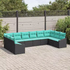 vidaXL Garten Sofagarnitur mit Kissen 10-tlg. Schwarz Polyrattan - Schwarz und Türkis ohne Tisch