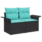 vidaXL Garten Sofagarnitur mit Kissen 10-tlg. Schwarz Polyrattan - Schwarz und Türkis ohne Tisch