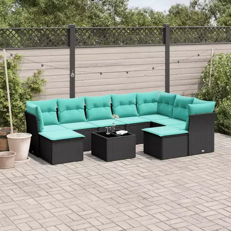 vidaXL 10-teiliges Loungesofa-Set mit Kissen Schwarz Polyrattan