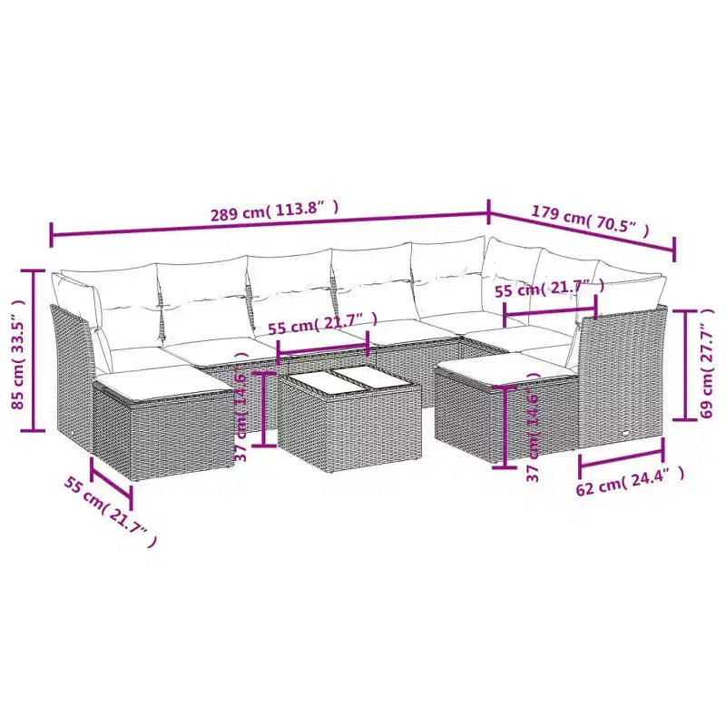 vidaXL 10-teiliges Loungesofa-Set mit Kissen Schwarz Polyrattan