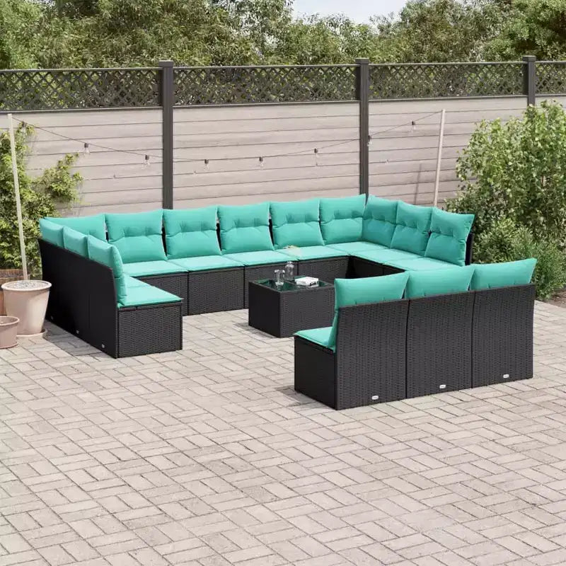 vidaXL 14-teiliges Terrassen-Sofa-Set mit Kissen, Schwarz, Polyrattan