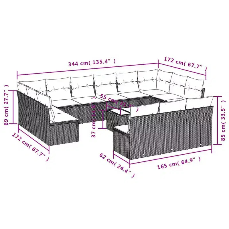 vidaXL 14-teiliges Terrassen-Sofa-Set mit Kissen, Schwarz, Polyrattan