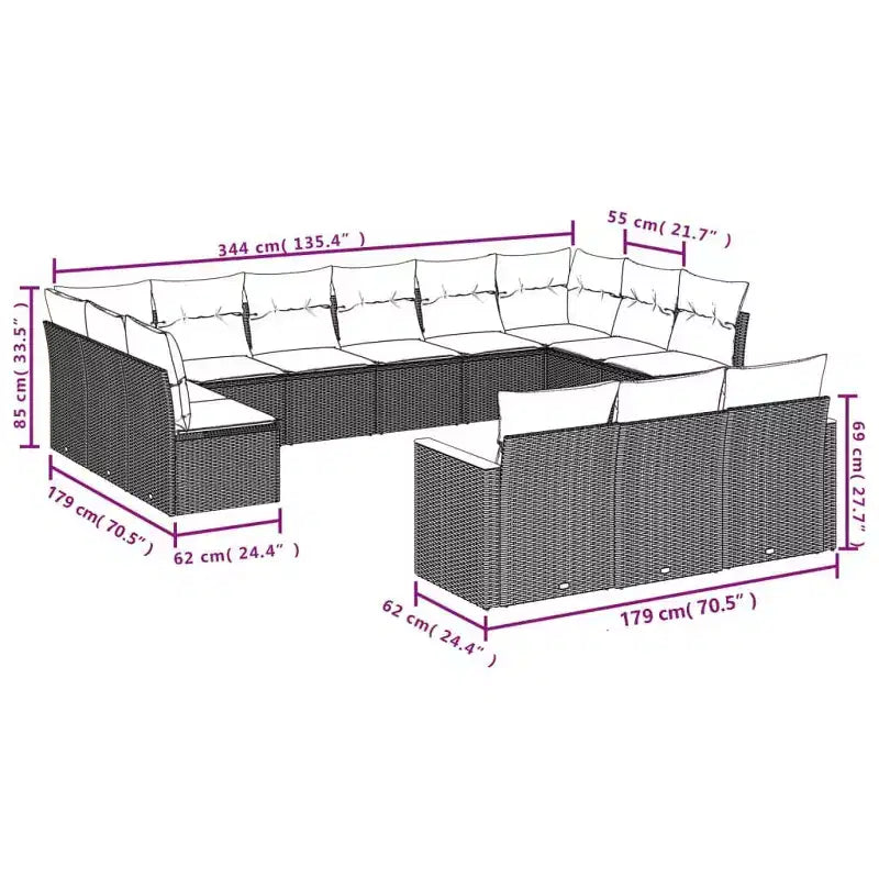 vidaXL 13-teiliges Loungeset mit Kissen Schwarz Polyrattan