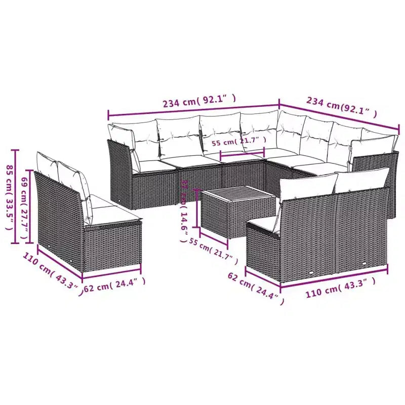 vidaXL Loungemöbel-Set mit Kissen Outdoor-Möbel 12-teilig Polyrattan