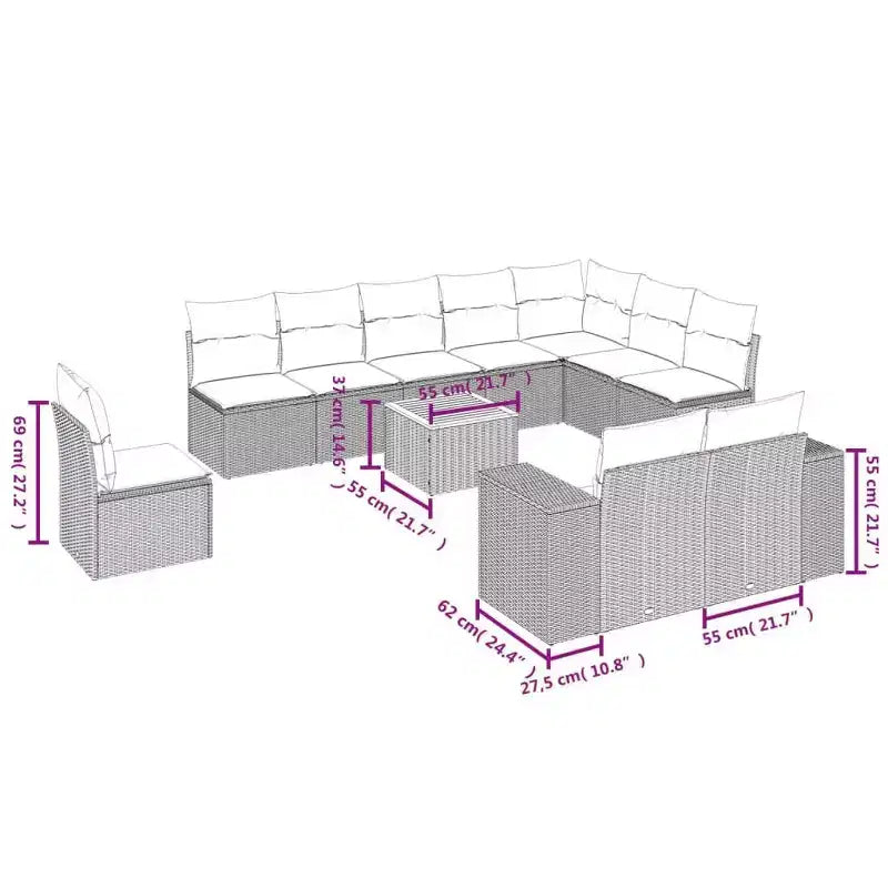 vidaXL Loungesofa-Set mit Kissen Gartenmöbel 11-teilig Polyrattan