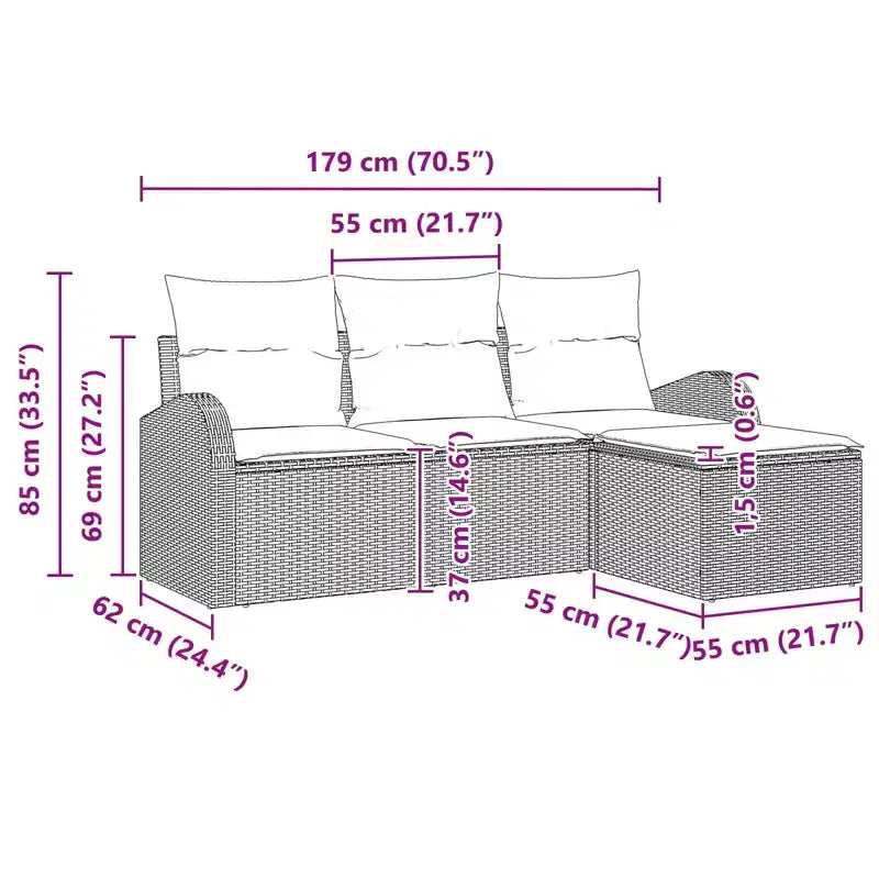 vidaXL Garten-Sofa-Set mit Kissen 4-teilig Braun Polyrattan