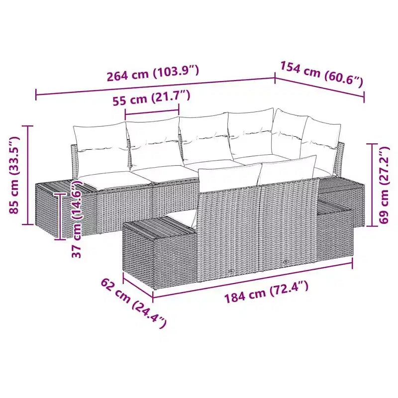 vidaXL Garten-Sofa-Set mit Kissen 7-teilig Braun Polyrattan