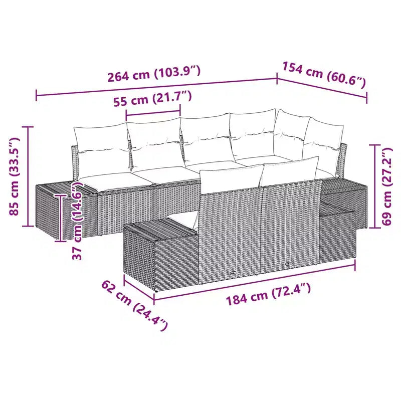 vidaXL Garten-Sofa-Set mit Kissen 7-teilig Braun Polyrattan