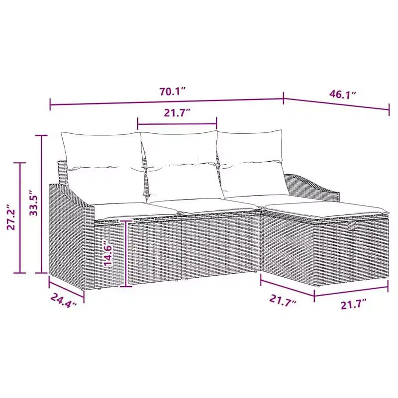 vidaXL Garten-Sofa-Set mit Kissen 4-tlg. Braun Polyrattan - Braun Rot