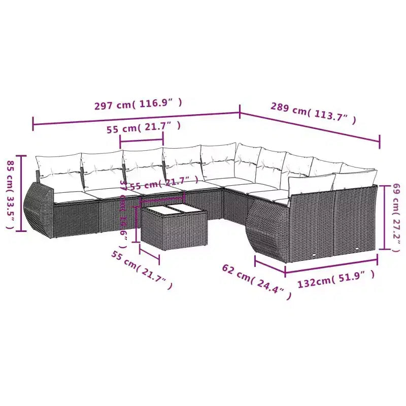 vidaXL 11-teiliges Gartensofa-Set mit Kissen Grau Polyrattan