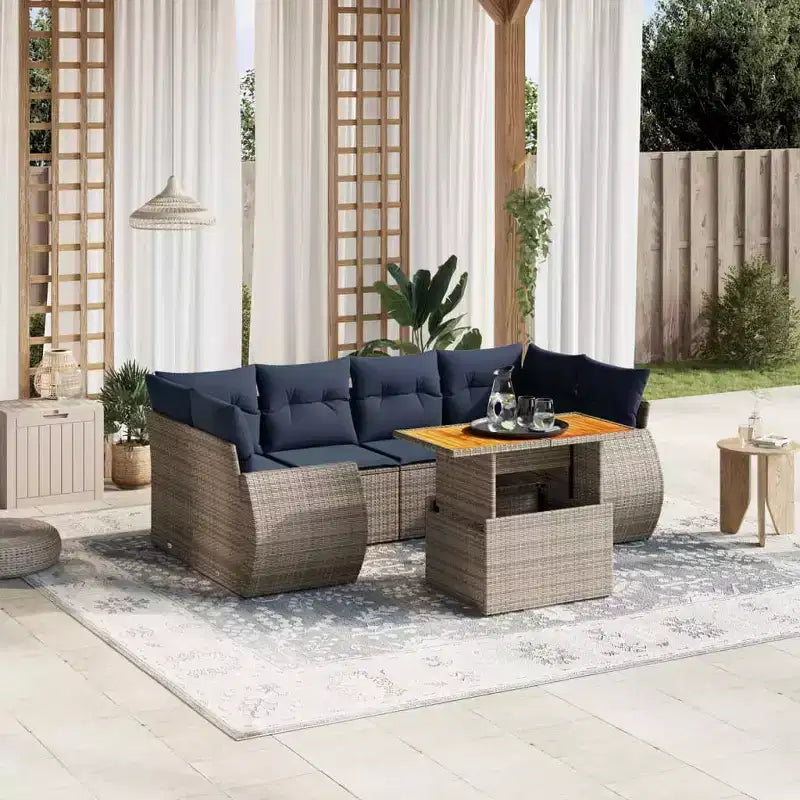 vidaXL Polyrattan-Gartensofa-Set mit Kissen, 7-teilig, Outdoor-Möbel