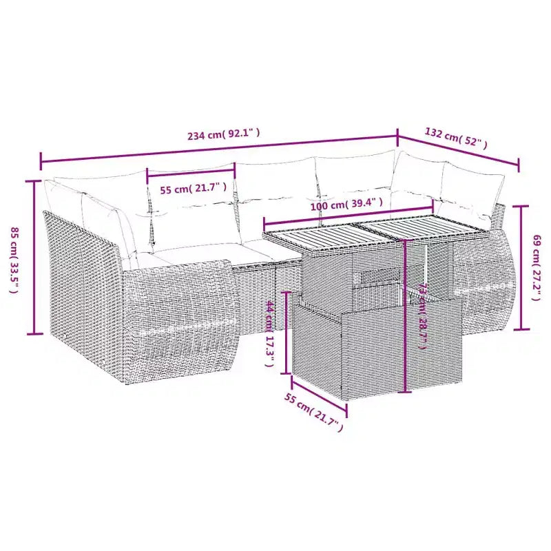 vidaXL Polyrattan-Gartensofa-Set mit Kissen, 7-teilig, Outdoor-Möbel