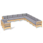 vidaXL 11 Piece Patio Lounge Set with Gray Cushions Solid Pinewood
