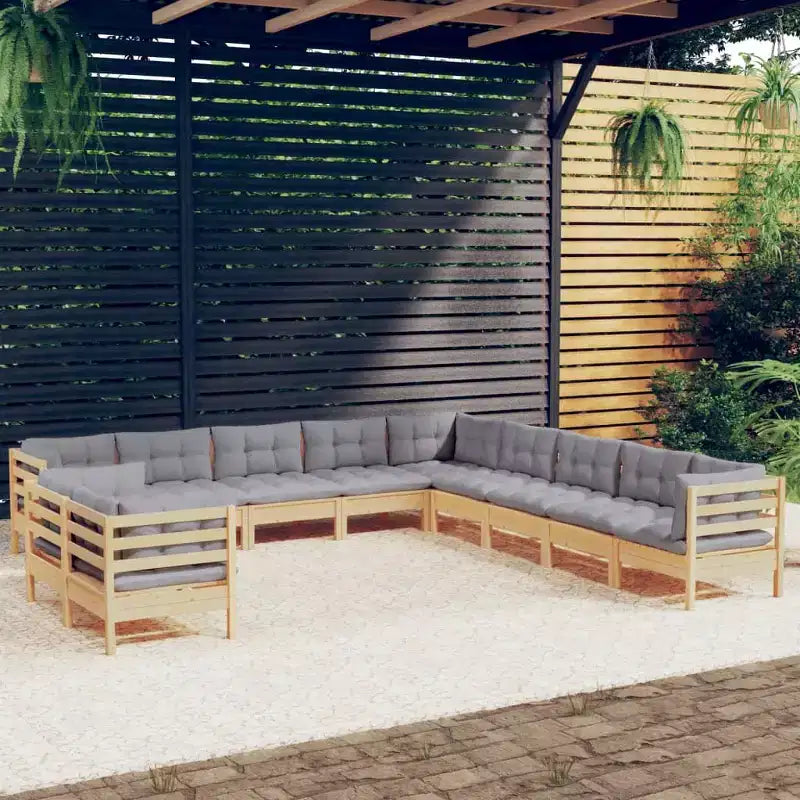 vidaXL 11-teilige Garten-Loungeset mit grauen Kissen aus massivem Kiefernholz