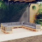 vidaXL 11-teilige Garten-Loungeset mit grauen Kissen aus massivem Kiefernholz
