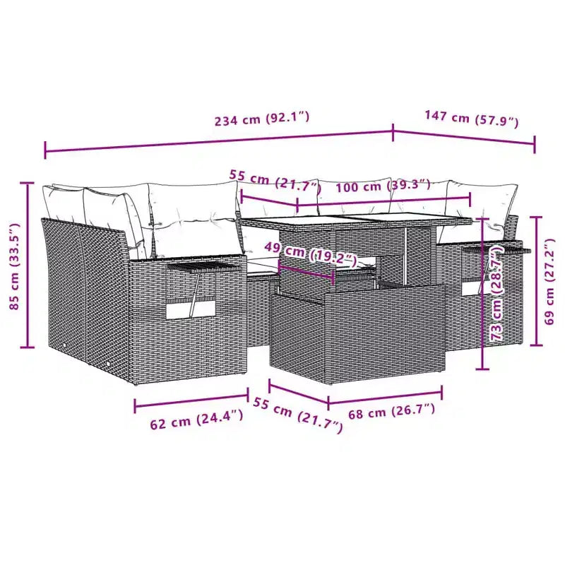 vidaXL Poly Rattan Garten-Sofa-Set mit Kissen, Tisch und Sofas, 7-teilig
