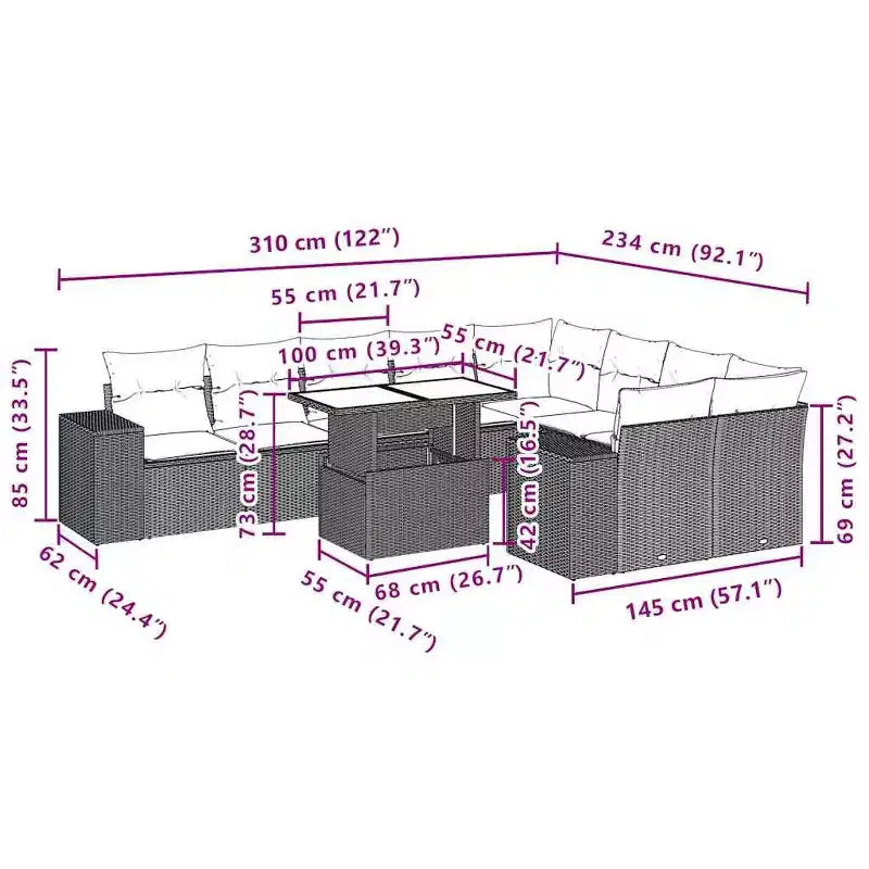 vidaXL 10-teilige Garten-Lounge-Sitzgruppe mit Kissen Polyrattan