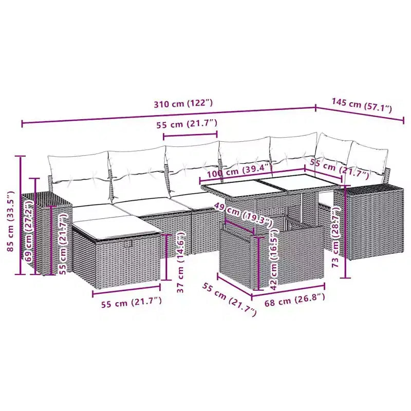 vidaXL 8-teiliges Garten-Sofa-Set mit Kissen Polyrattan