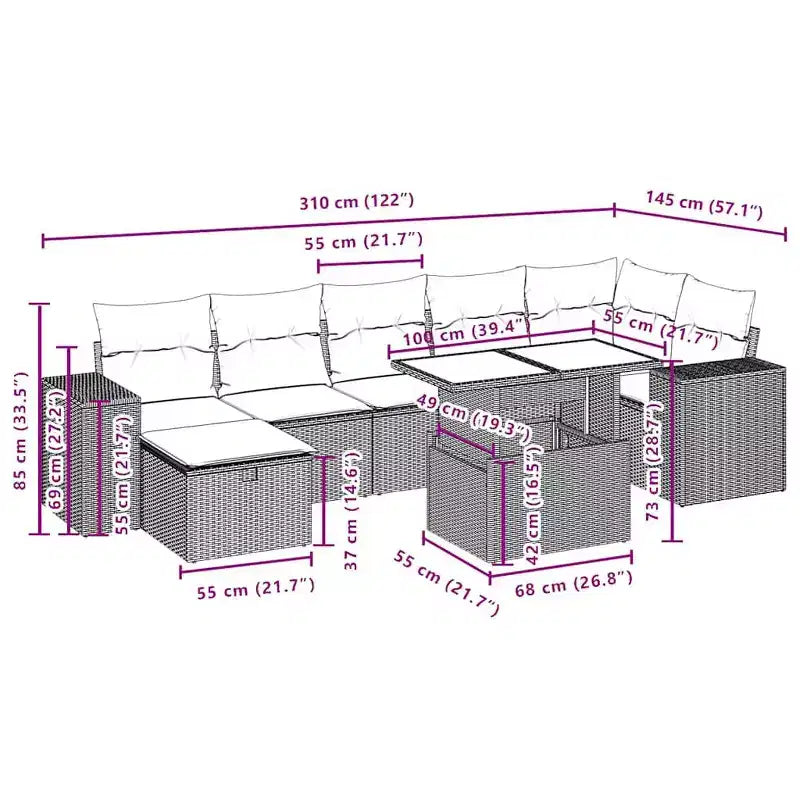vidaXL 8-teiliges Garten-Sofa-Set mit Kissen Polyrattan