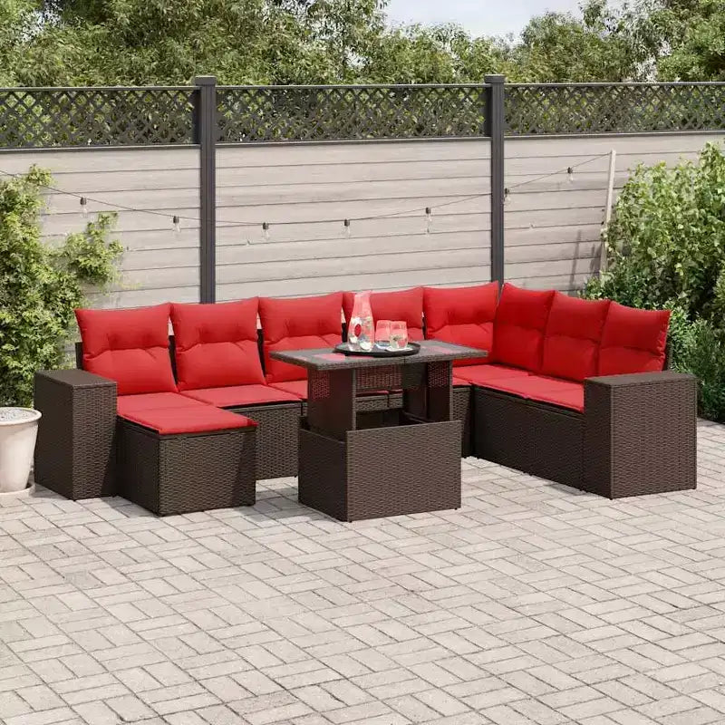 vidaXL Loungesofa-Garnitur mit Kissen, Tisch und Sofas, 9-teilig, Polyrattan