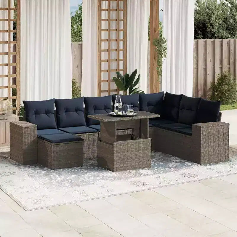 vidaXL Loungesofa-Garnitur mit Kissen, Tisch und Sofas, 9-teilig, Polyrattan