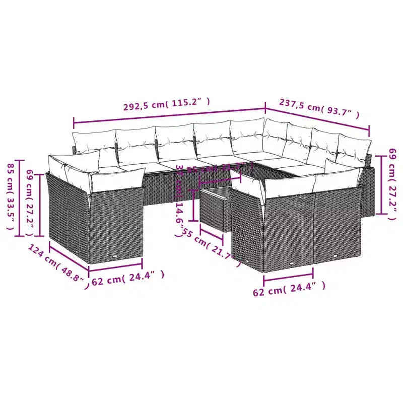 vidaXL 13-teiliges Gartensofa-Set mit Kissen Polyrattan