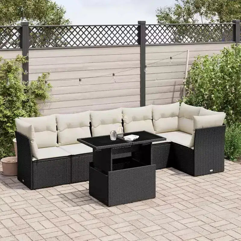 vidaXL 7-teiliges Garten-Sofa-Set mit Kissen, Poly-Rattan-Gartensitzgruppe, modular, verstellbarer Tisch