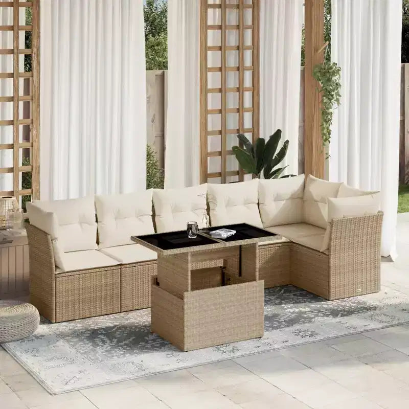 vidaXL 7-teiliges Garten-Sofa-Set mit Kissen, Poly-Rattan-Gartensitzgruppe, modular, verstellbarer Tisch