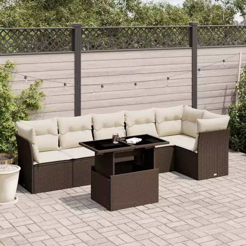 vidaXL 7-teiliges Garten-Sofa-Set mit Kissen, Poly-Rattan-Gartensitzgruppe, modular, verstellbarer Tisch