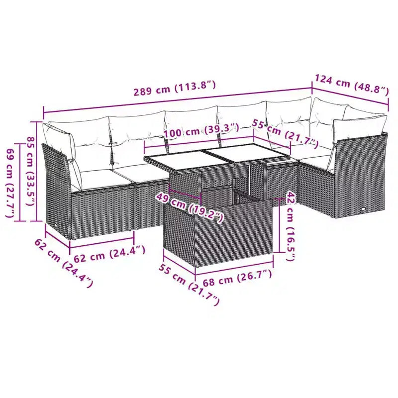 vidaXL 7-teiliges Garten-Sofa-Set mit Kissen, Poly-Rattan-Gartensitzgruppe, modular, verstellbarer Tisch