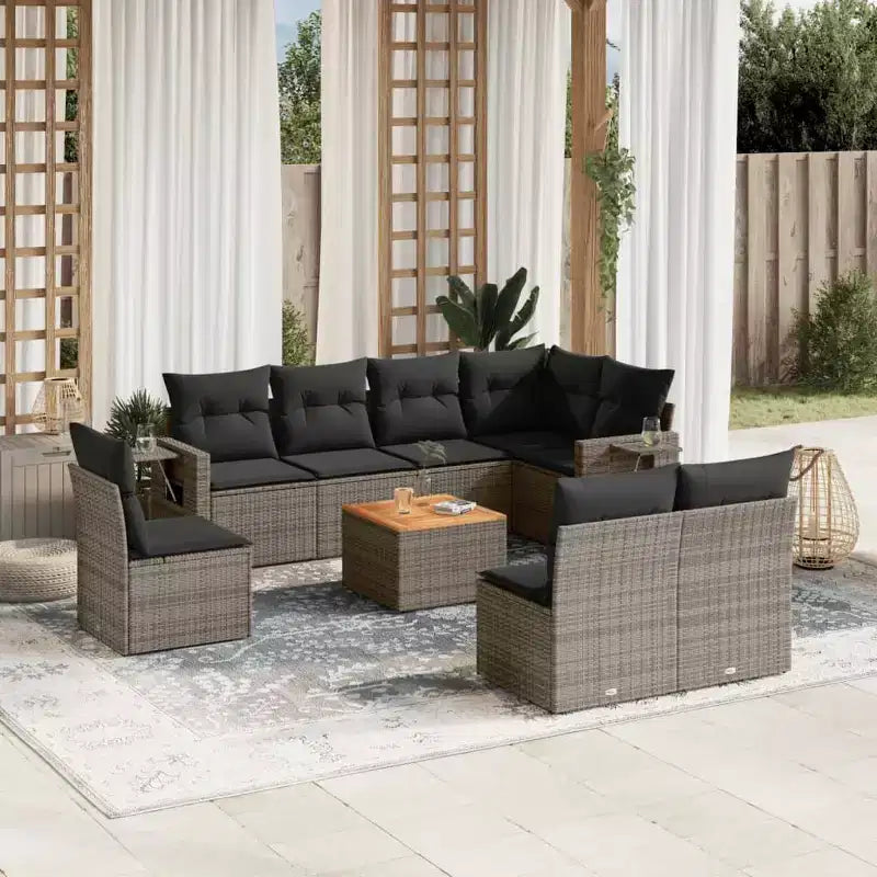 vidaXL 9-teiliges Garten-Sofa-Set mit Kissen Schwarz Polyrattan