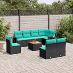 vidaXL 9-teiliges Garten-Sofa-Set mit Kissen Schwarz Polyrattan